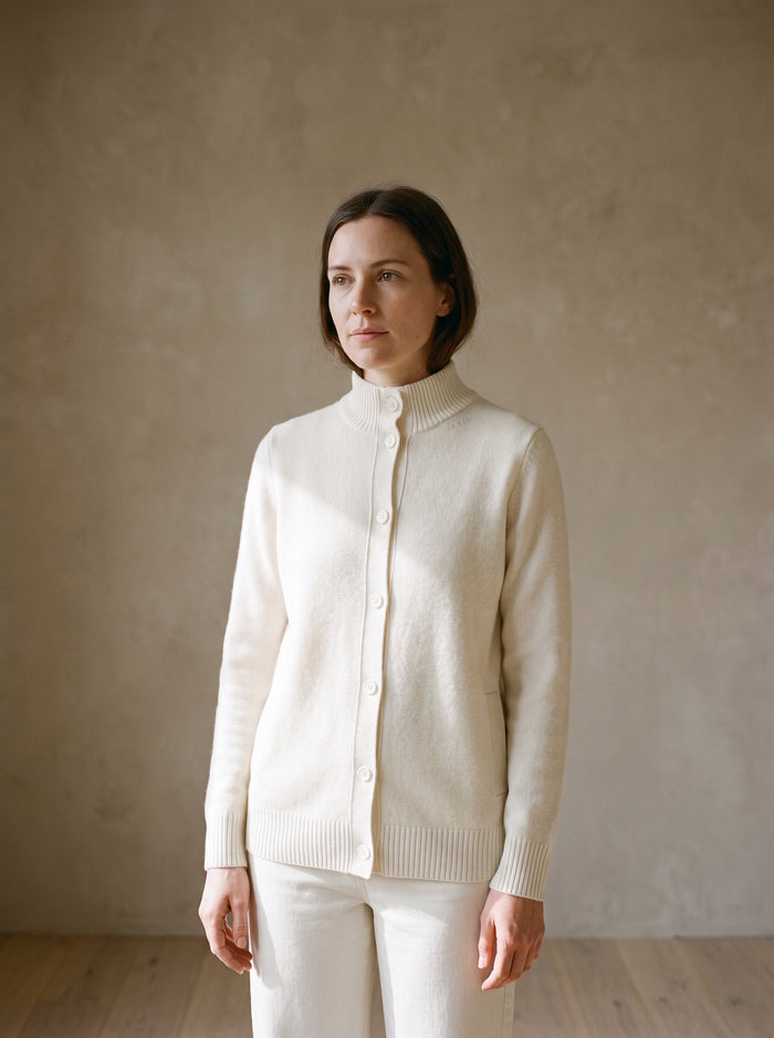 The Esme Cardigan in White, worn — front view