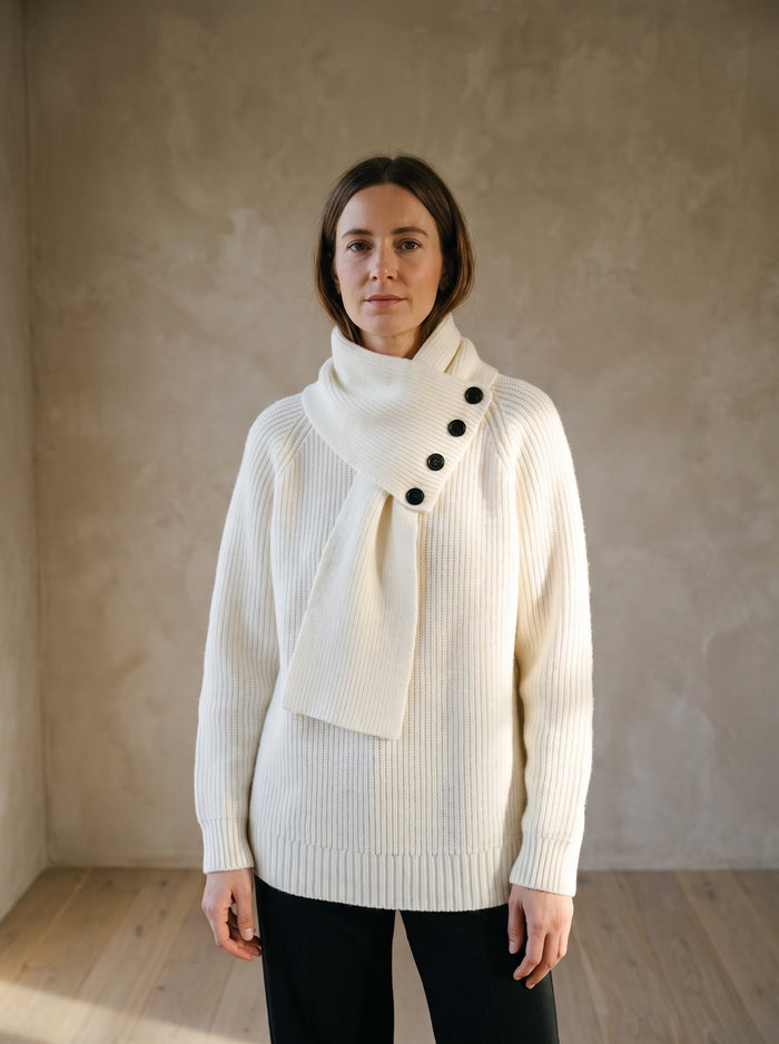 The Lilias Jumper in White, worn — front view