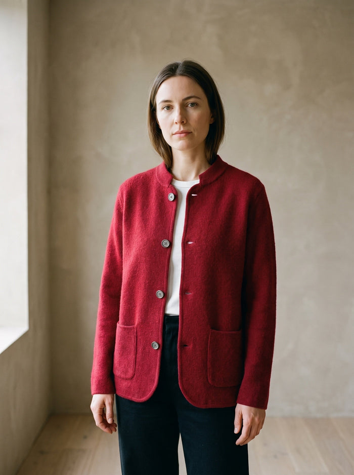 The Saskia Cardigan in Red, worn — front view