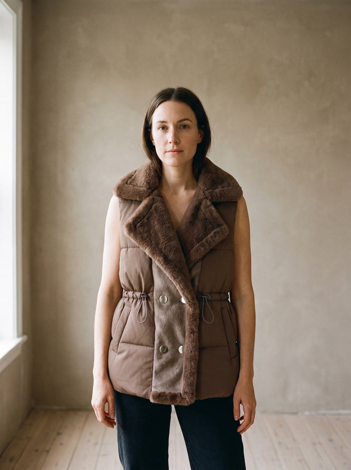 The Wynne Gilet in Brown, worn — front view