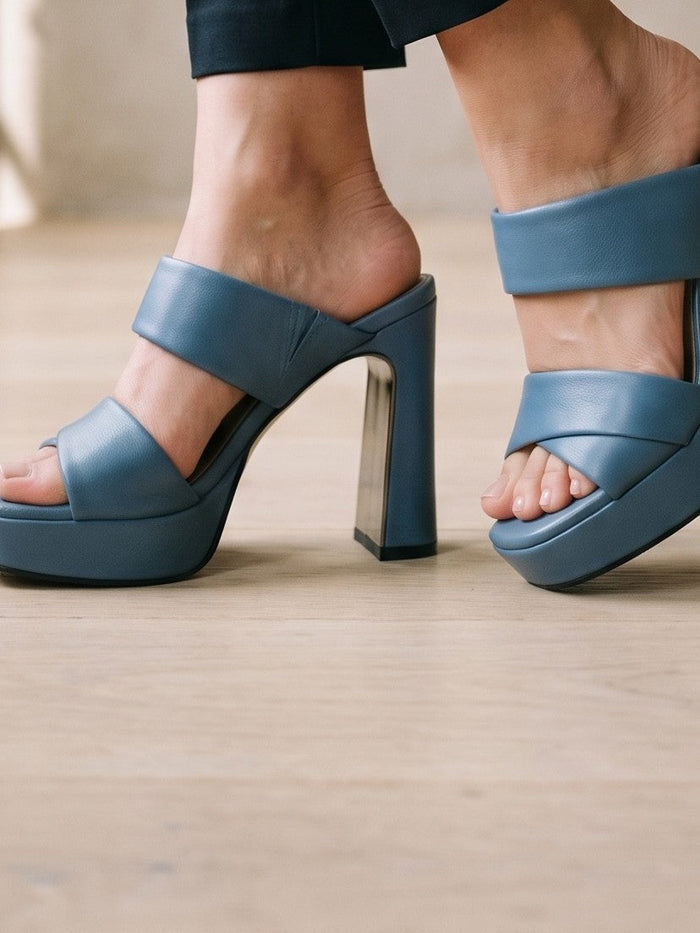 The Cressida Heel in Blue — the shoe close, worn