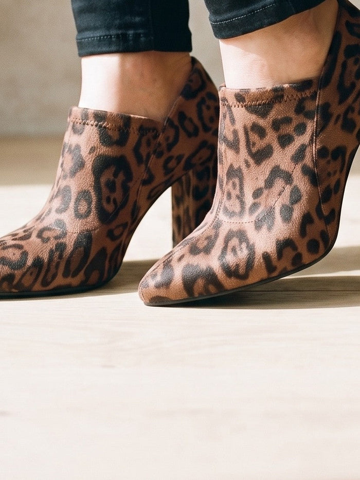 The Juno Boot in Leopard — the shoe close, worn