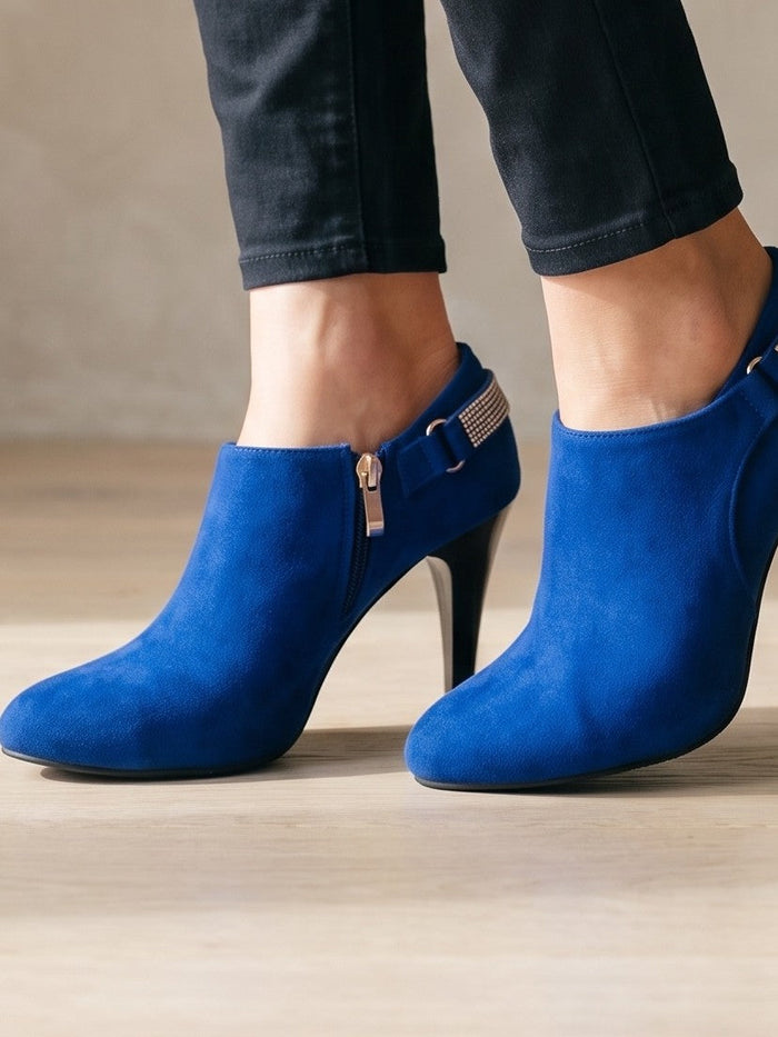 The Maud Heel in Blue — the shoe close, worn
