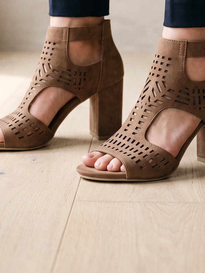 The Nerys Heel in Brown — the shoe close, worn