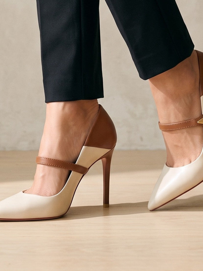The Rosalind Heel in Black — the shoe close, worn