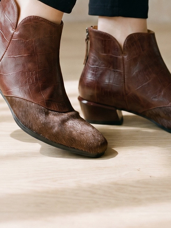 The School Run Boot in Brown — the shoe close, worn