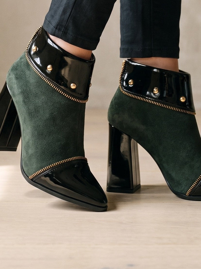 The Sibyl Ankle Boot in Army Green — the shoe close, worn