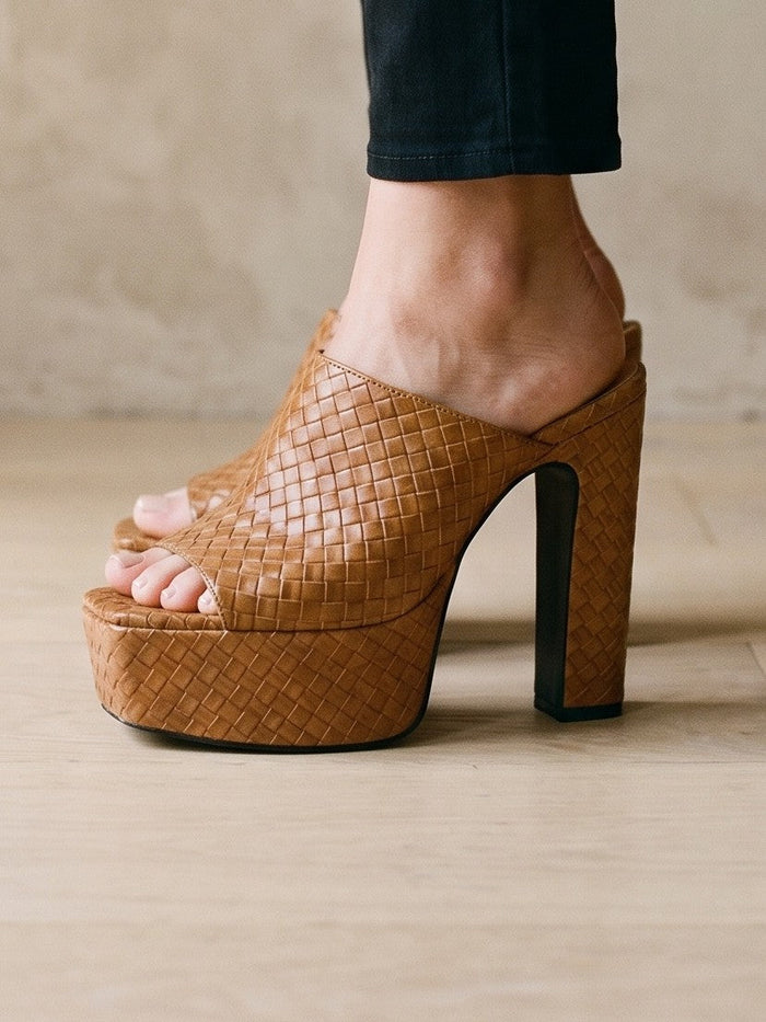 The Sylvie Heel in Brown — the shoe close, worn