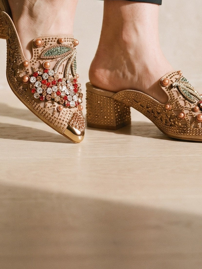 The Vita Heel in Beige — the shoe close, worn