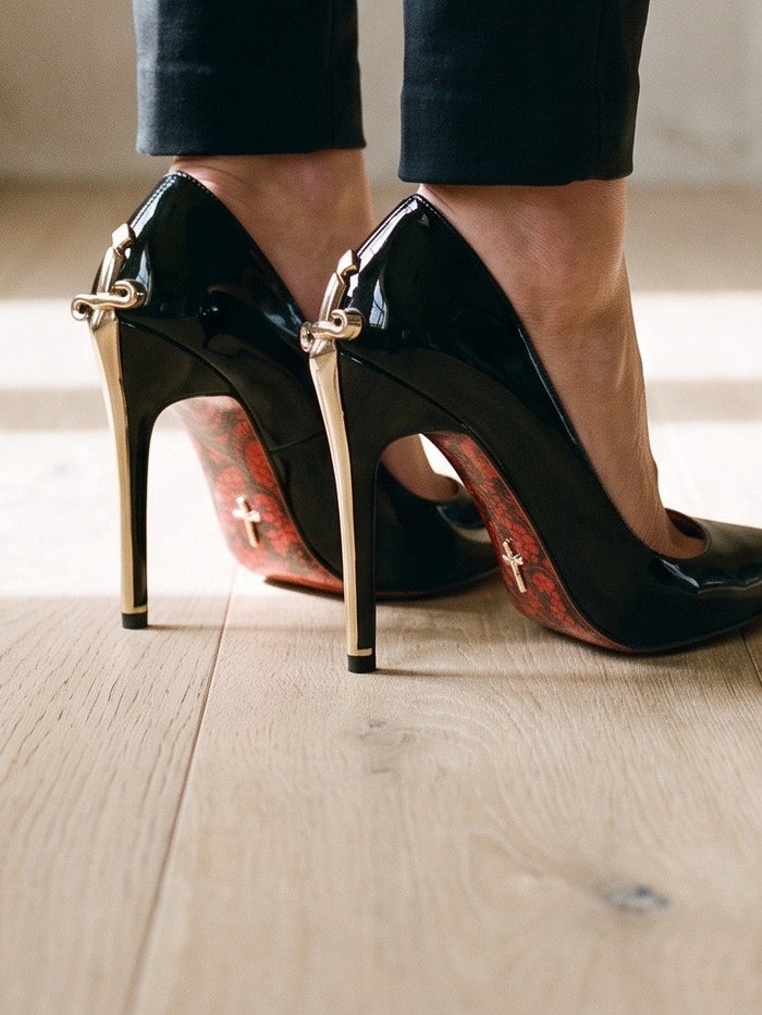 The Xanthe Heel in Black — the shoe close, worn