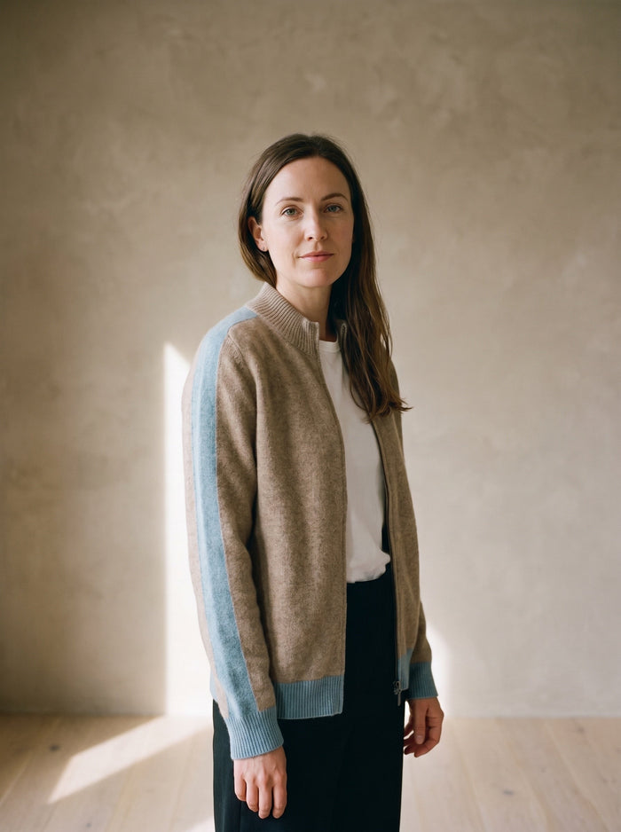 The Bridie Knit Jacket in Sandstone Beige, worn — front view