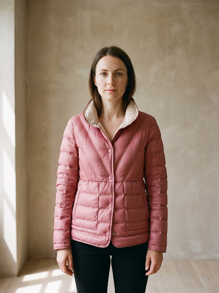 The Cleo Jacket in Pink, worn — front view
