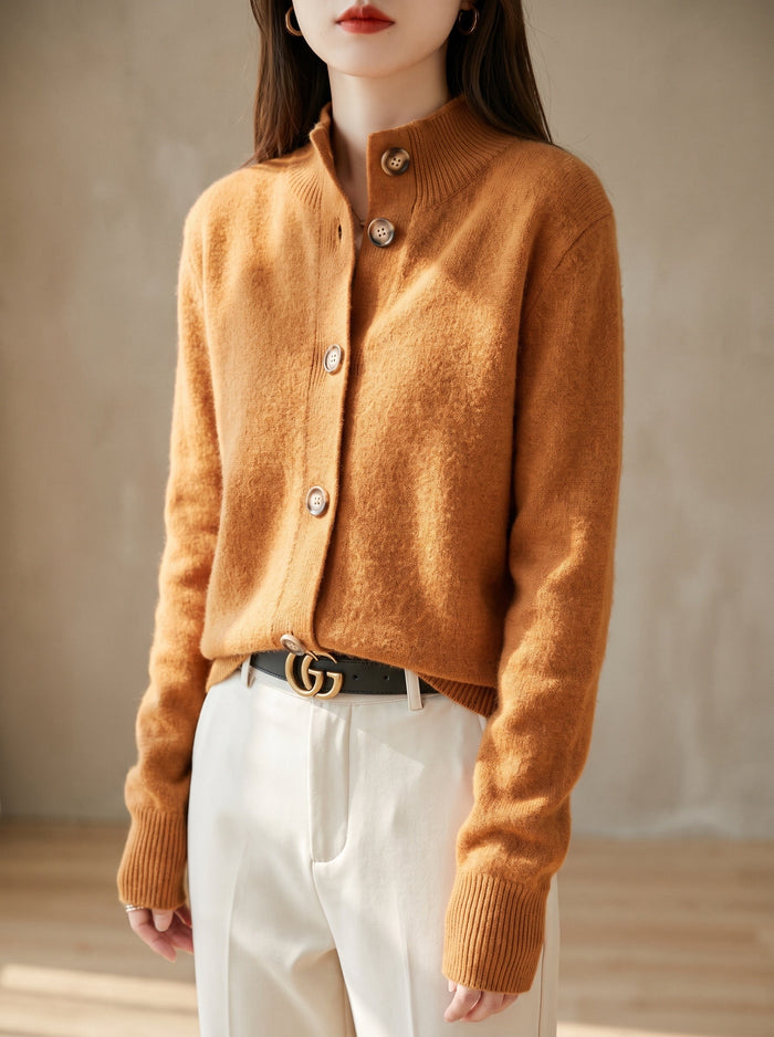 The Fern Cardigan in Orange, worn — front view