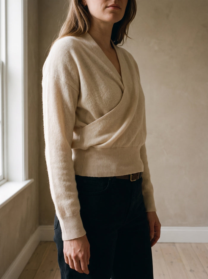 The Morwenna Jumper in Beige, worn — front view