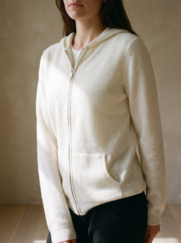 The Nancie Zip Hoodie in White, worn — front view