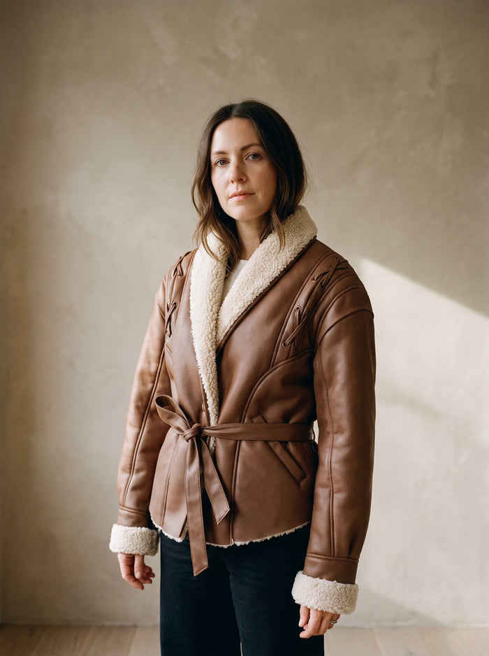 The Noor Jacket in Brown, worn — front view