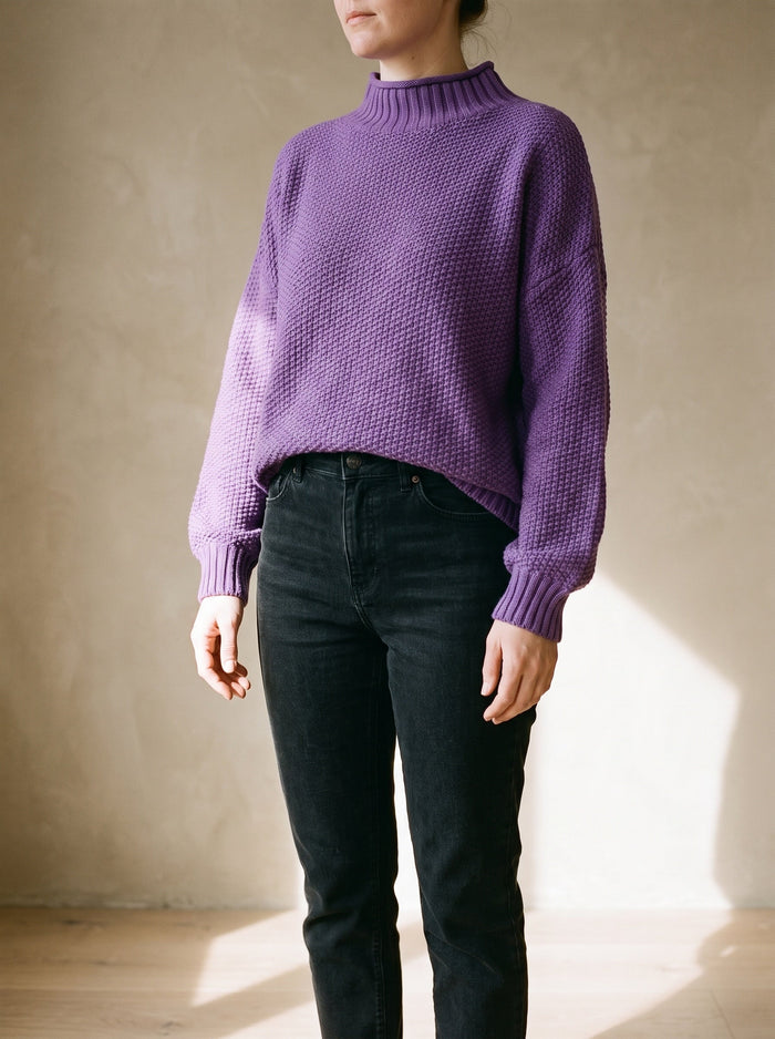 The Oriel Jumper in Purple, worn — front view
