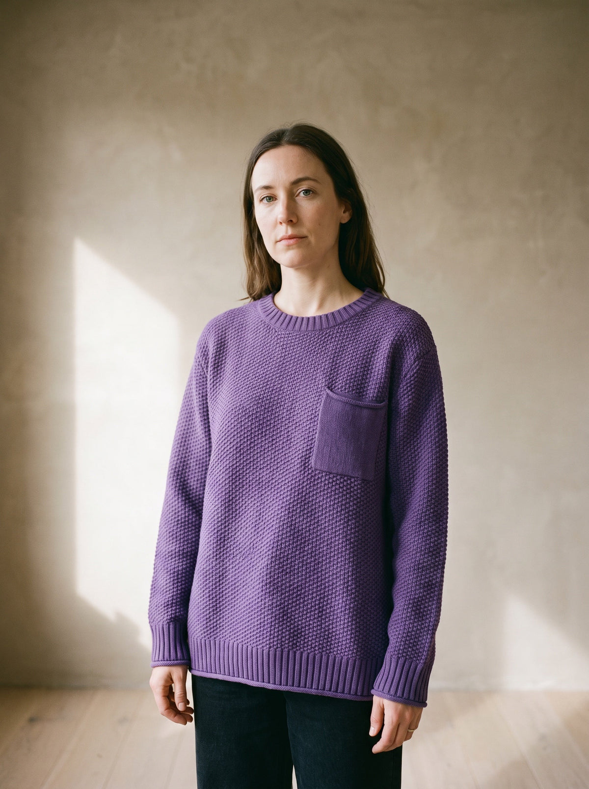 The Selina Cardigan in Purple, worn — front view