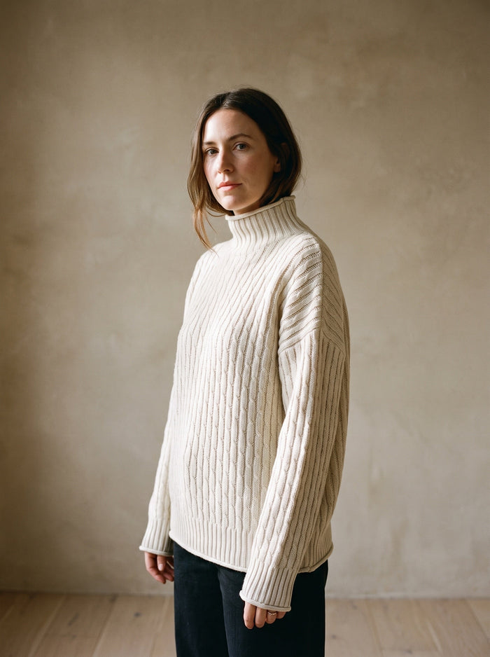 The Truda Jumper in Cream, worn — front view