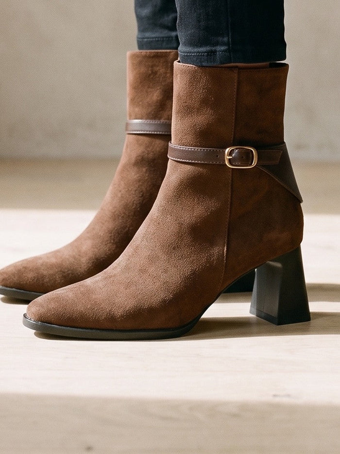 The Elspeth Ankle Boot in Brown — the shoe close, worn