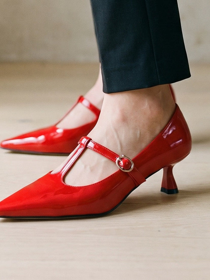 The Four Hour Heel in Red — the shoe close, worn