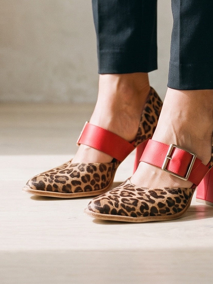 The Hazel Heel in Red Leopard — the shoe close, worn