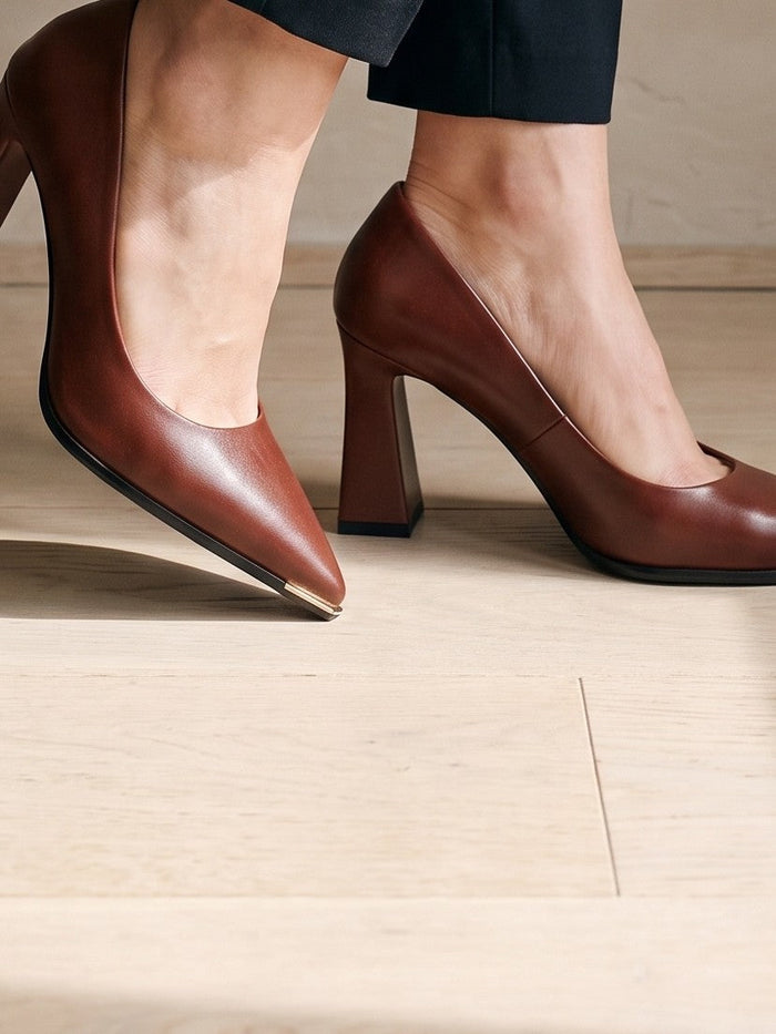 The Iris Heel in Claret — the shoe close, worn