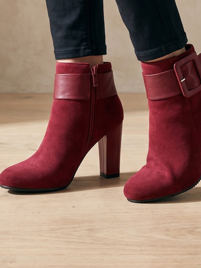 The Isla Ankle Boot in Burgundy — the shoe close, worn