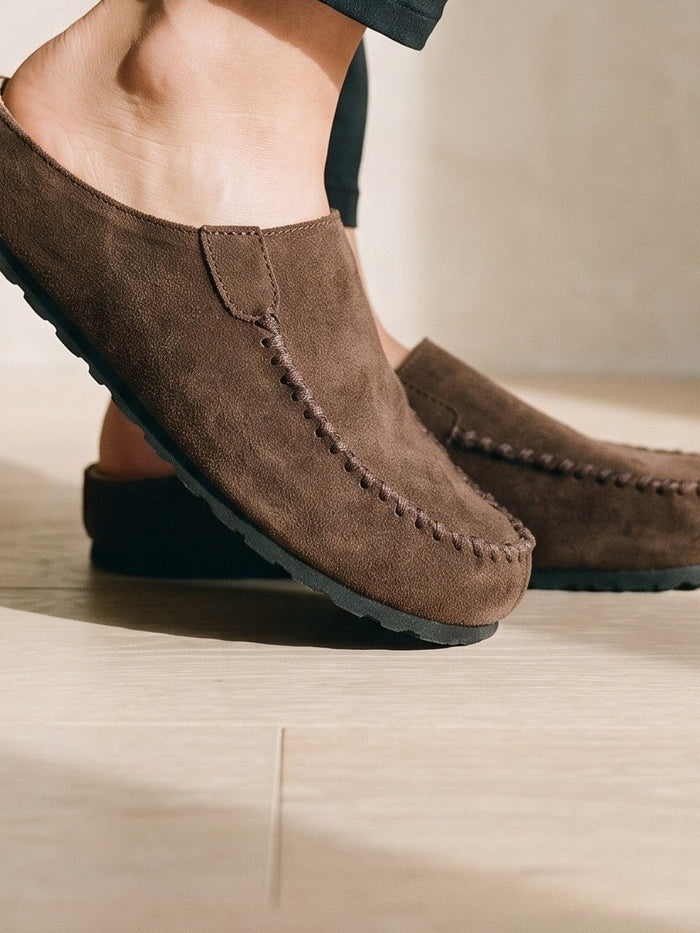 The Jemima Loafer Mule in Chocolate — the shoe close, worn