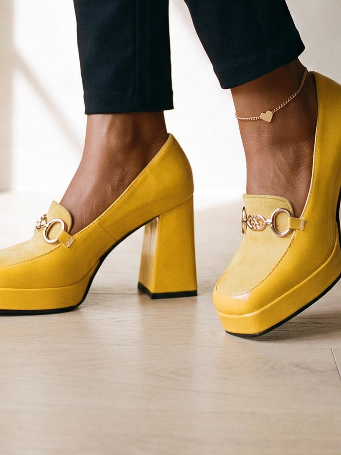The Kerensa Heel in Yellow — the shoe close, worn