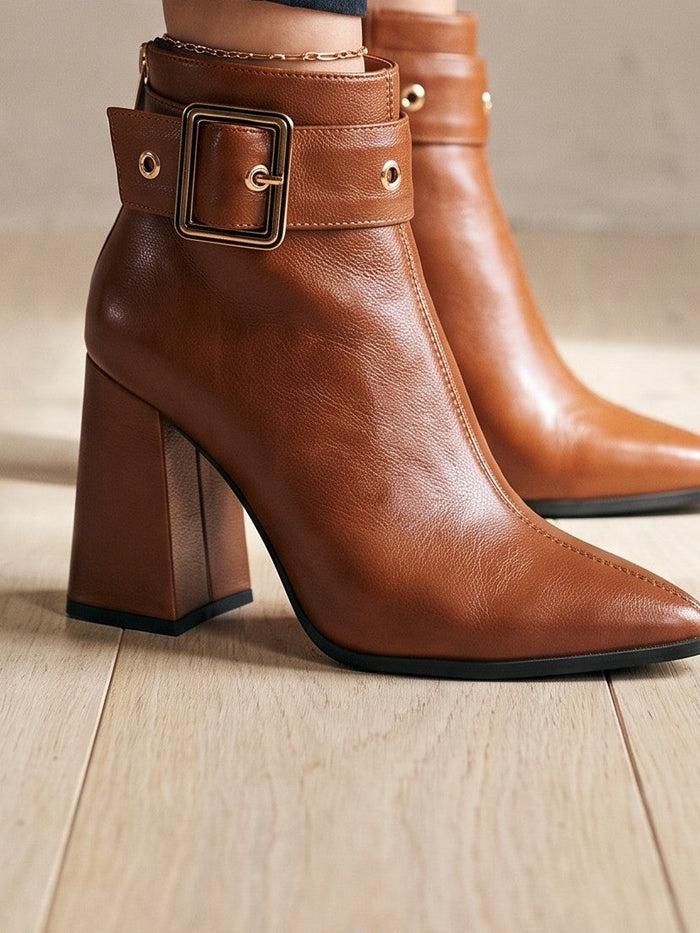 The Mabel Boot in Brown — the shoe close, worn