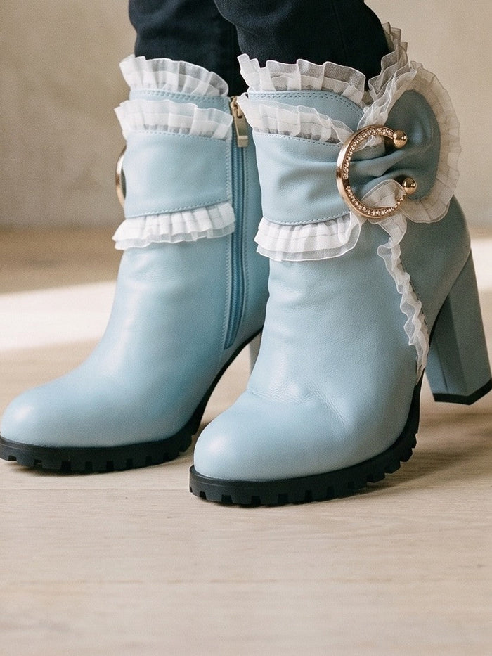 The Nancy Boot in Blue — the shoe close, worn
