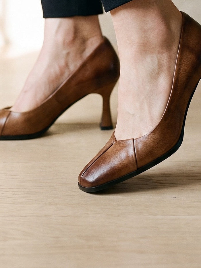 The Phoebe Pump in Brown — the shoe close, worn