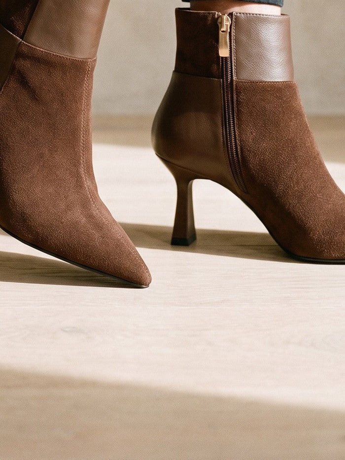 The Posy Boot in Brown — the shoe close, worn