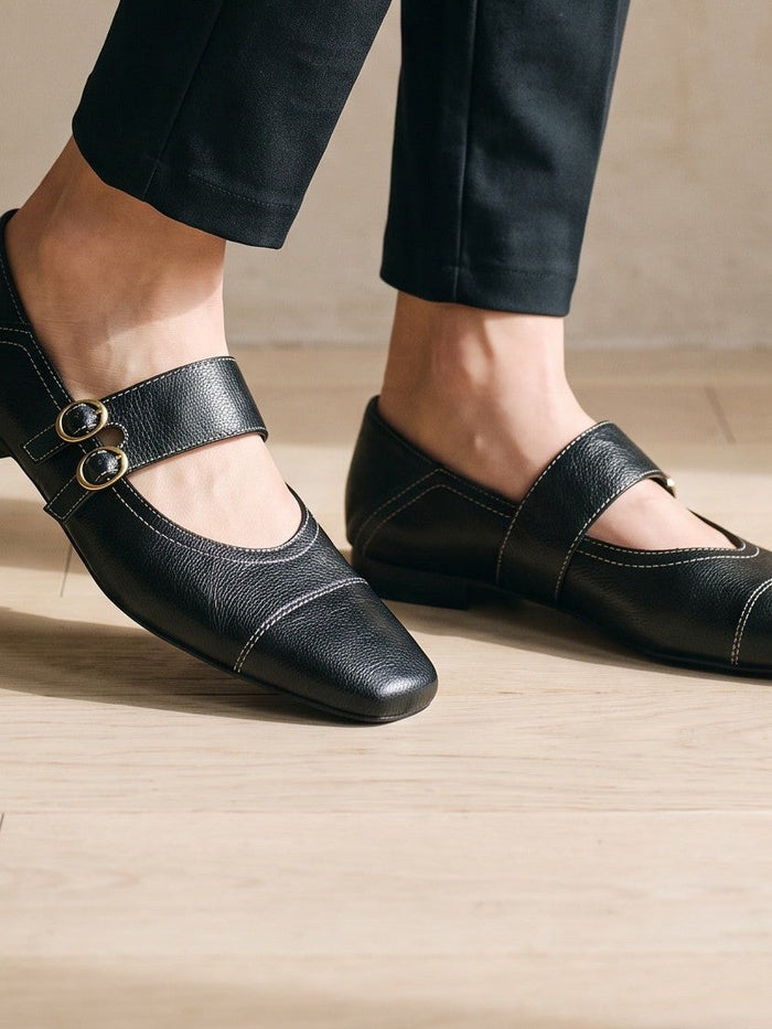 The Rhona Mary Jane in Black — the shoe close, worn