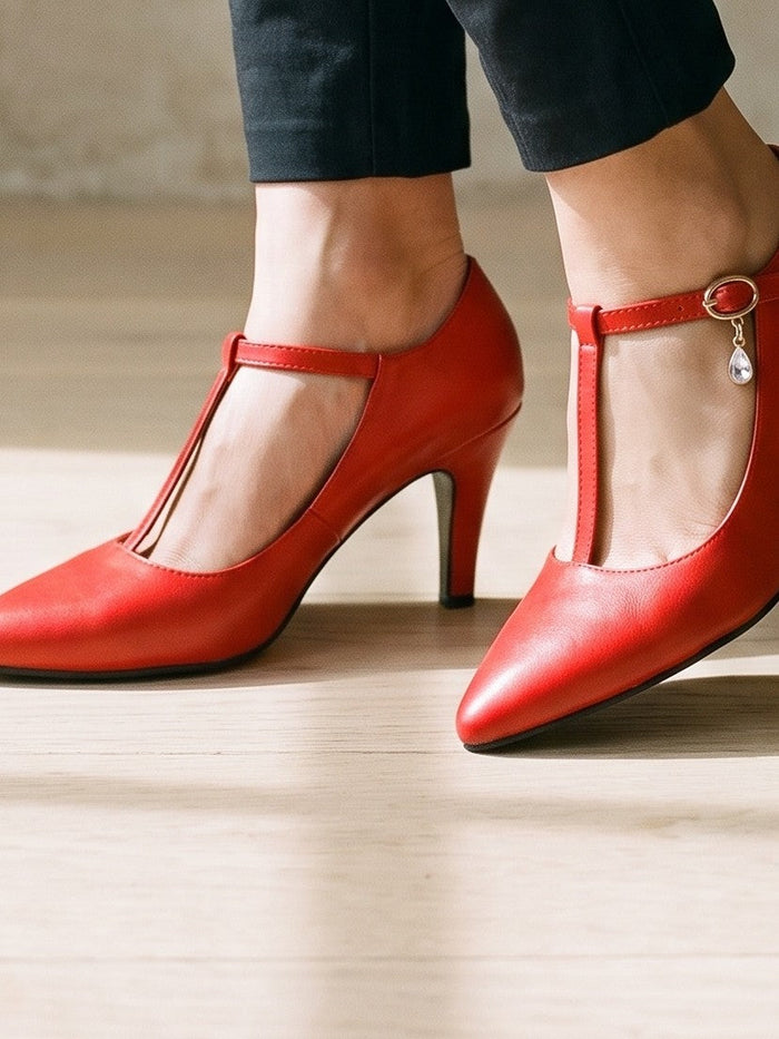 The Tabitha Heel in Red — the shoe close, worn