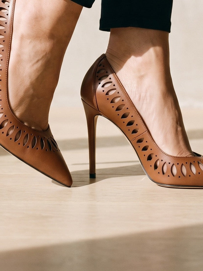 The Una Heel in Brown — the shoe close, worn