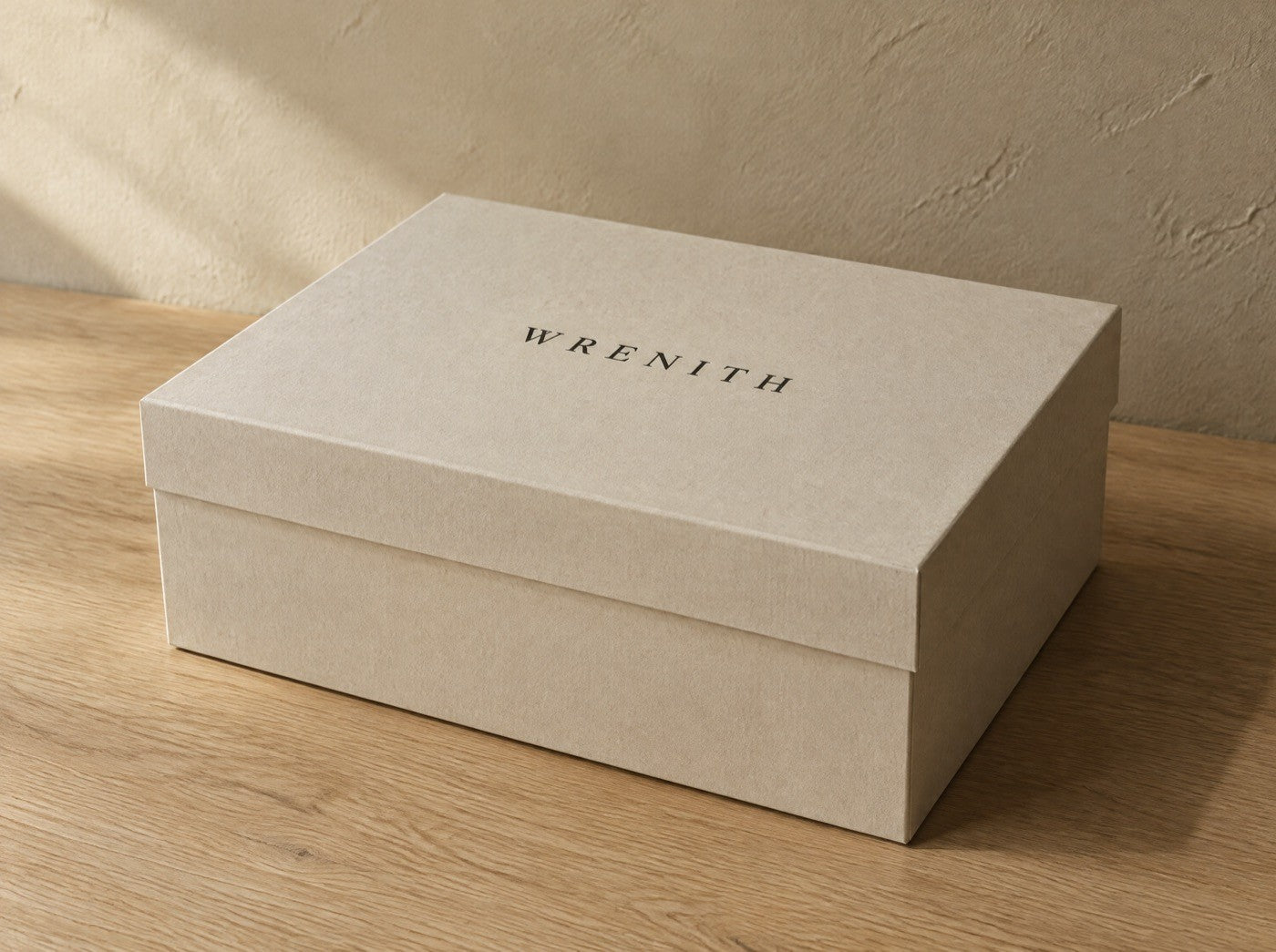 A closed Wrenith box in bone card, the wordmark printed on the lid